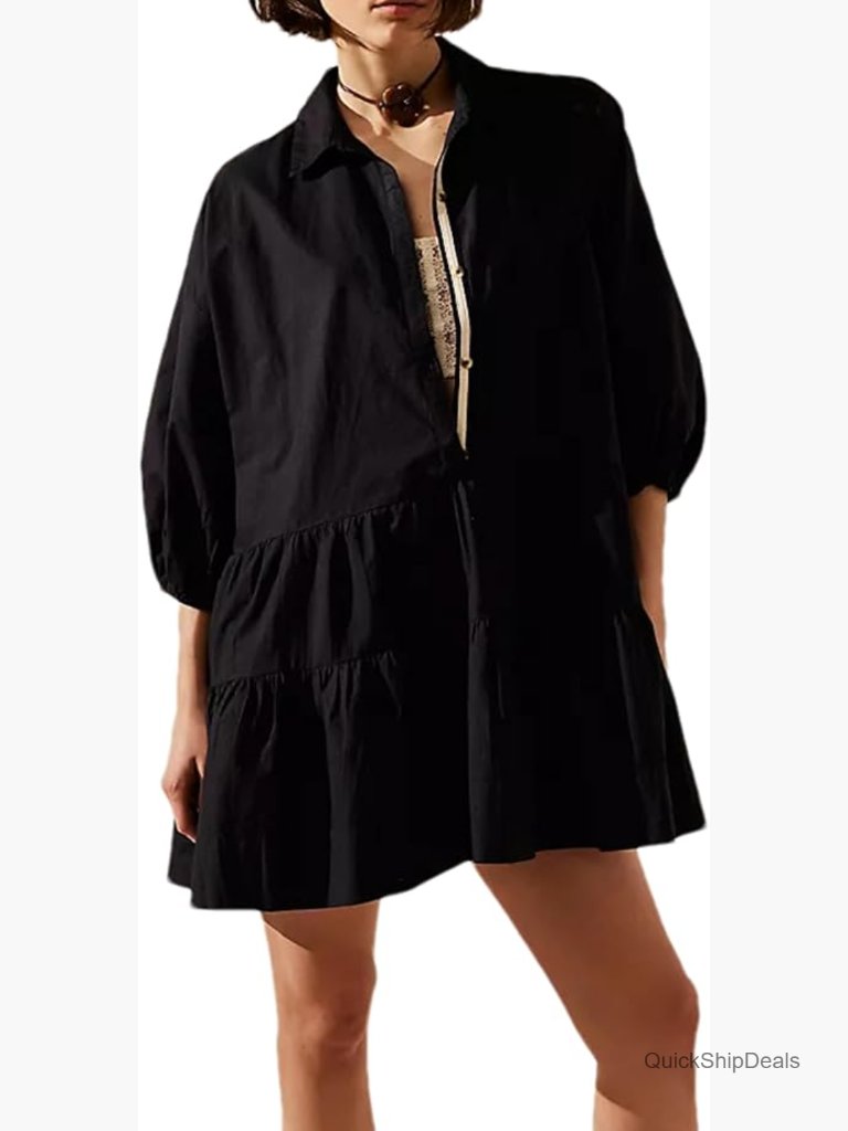 Oversized Casual Collared Babydoll Mini Dress Puff Sleeve A-Line Tiered Shirt